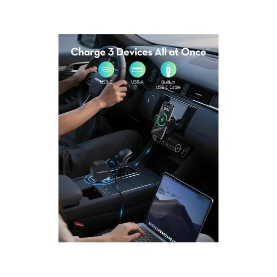 RavPower 1-Port USB-C and 1-Port USB-A PD 60W Car Charger With build in USB-C Cable - Black